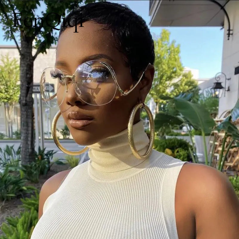 Oversized Rimless Gradient Sunglasses Women Brand Designer Round Sun Glasses Shades Female Big Frames Visor Glasses UV400