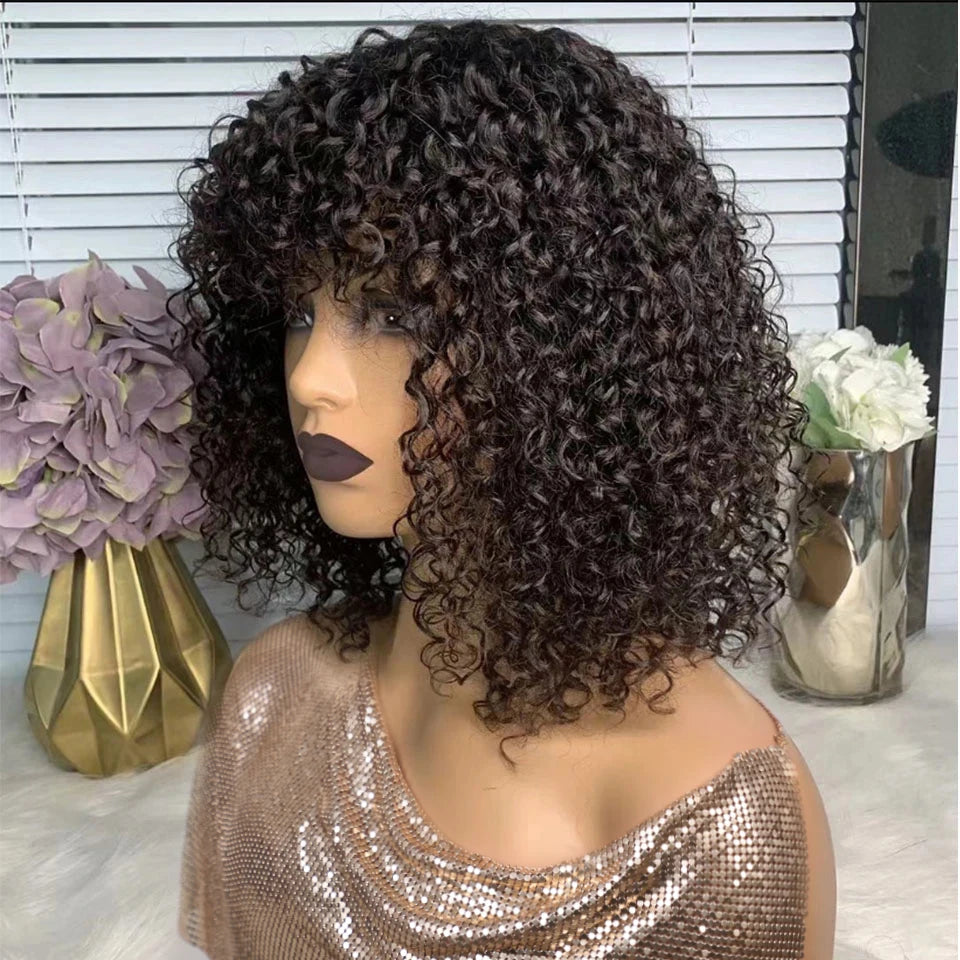 Black Pearl Jerry Curly Wig With Bangs Human Hair Glueless Wigs Short Pixie Bob Cut Human Hair Wigs With Bangs Highlight Bob Wig