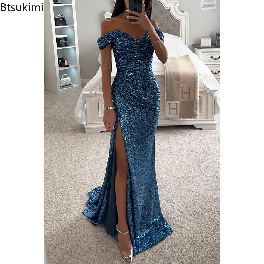 Women's Luxury High Split Club Party Evening Dress Sexy Banquet Slim Waisted Female Dress Elegant V-Neck Slim Long Dress