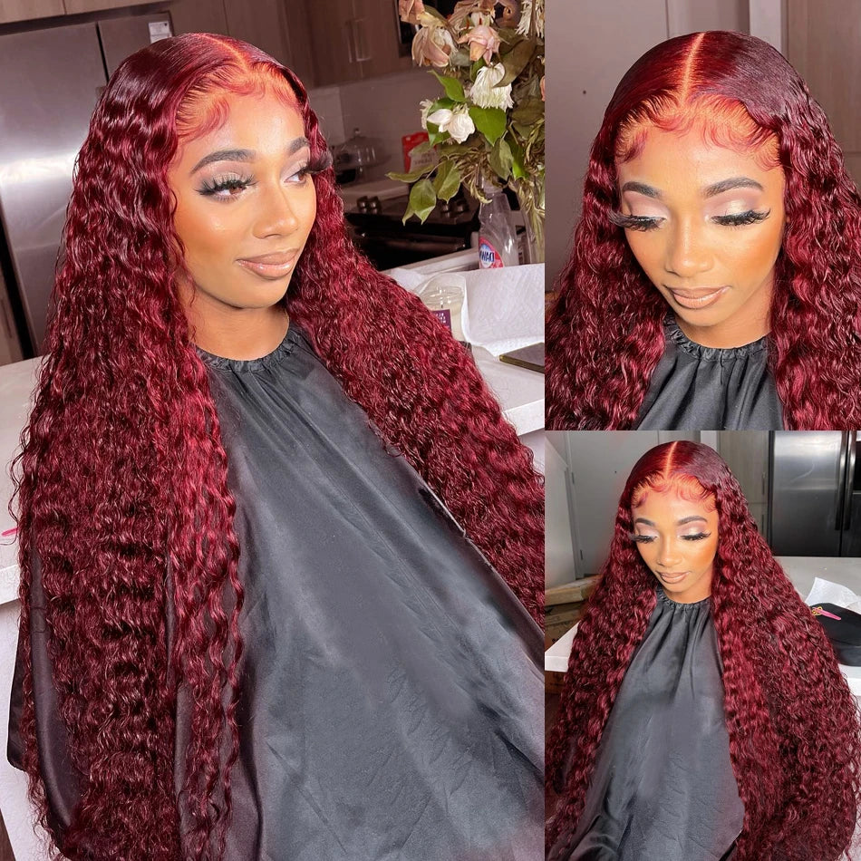 Deep Wave Burgundy 13x4 Transparent Glueless Red Wig Colored Lace Front Human Hair Wigs Curly 13x6 Hd Lace Frontal Wig For Women
