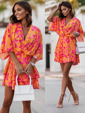 Women's Sexy V Neck Bat Sleeve Mini Dress Boho Floral Print High Waist Elegant Women Ruffle Office Party Dresses Robe