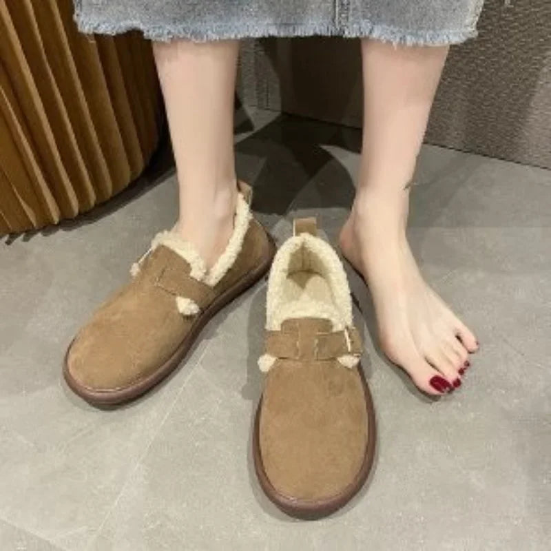 Women's Warm Thicken Plush Snow Boots Female Winter New Faux Suede Platform Cotton Slippers Woman Flat Cotton Padded Fluffy Shoe