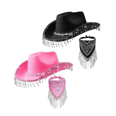 Tassels Cowboy Hat Western Wide Brim Hat Neck Scarf Set Cosplay Party Hat Fedora Hat Costume Accessories 2pcs