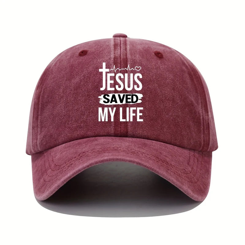 Men's baseball cap. Jesus saved my life. Adjustable print. Retro washed. Aged design. Multiple colors available. Curved brim