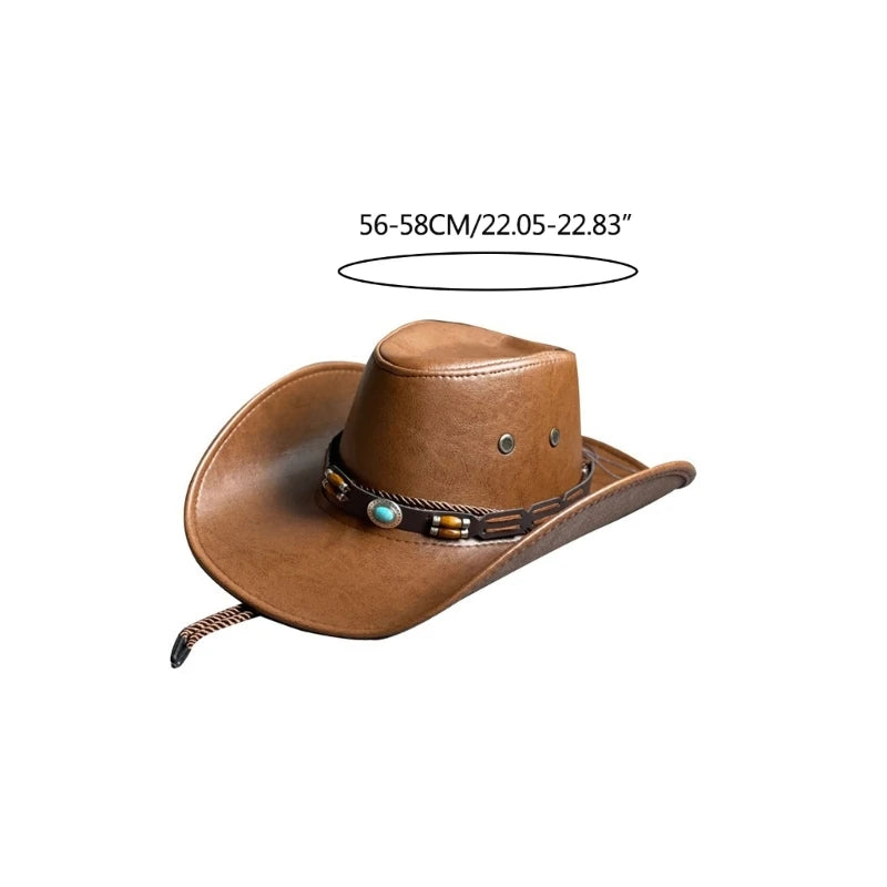 Wide Brim Fedora Cap Cowboy Hat Ethnic Style Magician Hat with Belt Adult Women Men Cosplay Costume Halloween Accessory