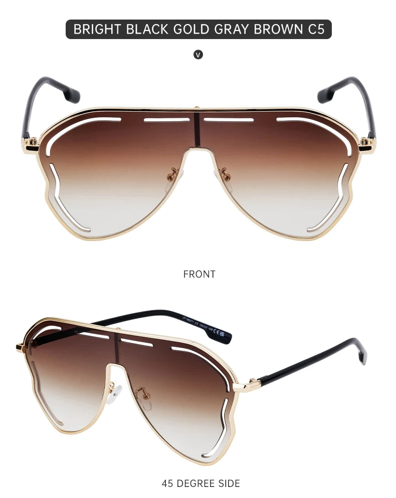 Oversized One-Piece Pilot Punk Sunglasses Women Big Frame 2025 Luxury Brand Hollow Sun Glasses For Ladies Shield Eyewear Shades