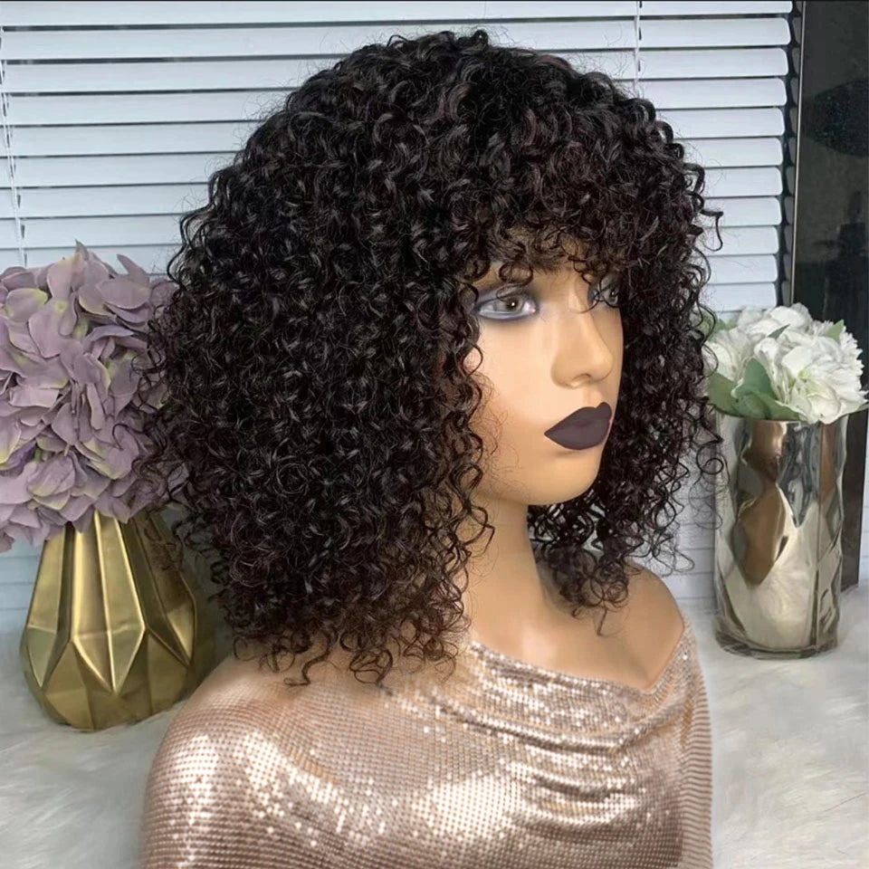 Black Pearl Jerry Curly Wig With Bangs Human Hair Glueless Wigs Short Pixie Bob Cut Human Hair Wigs With Bangs Highlight Bob Wig