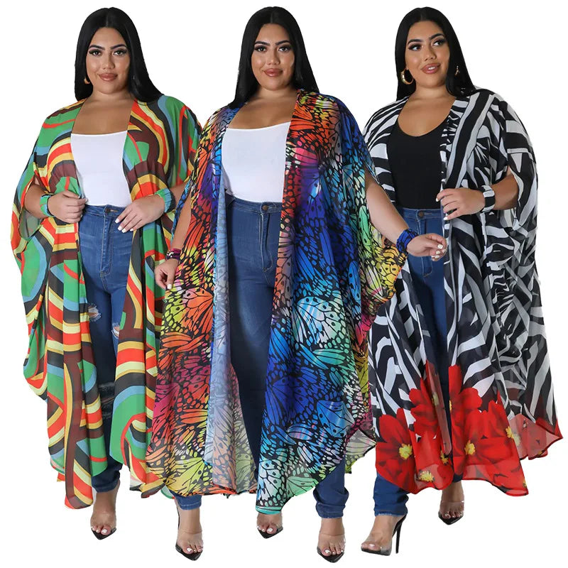 Summer Sexy African 3/4 Sleeve Polyester Printing Long Coat Trench Coat for Women African Clothing African Clothes for Women