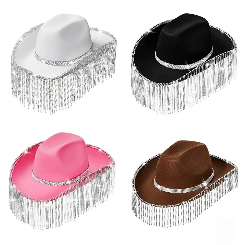 Women Fashion Rhinestone Sequins Fringe Cowgirl Hat Western Cowboy Cap Adjustable Drawstring Wide Brim Party Jazz Top Hat