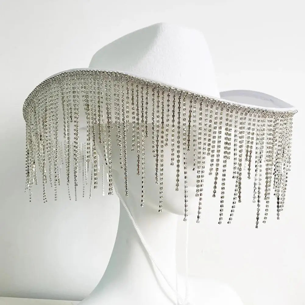 Women Fashion Rhinestone Sequins Fringe Cowgirl Hat Western Cowboy Cap Adjustable Drawstring Wide Brim Party Jazz Top Hat