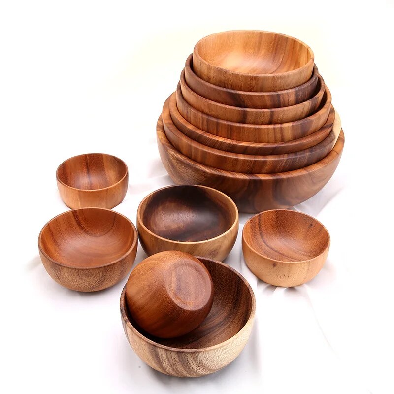 Acacia wood size solid wood bowl Japanese children anti-scalding wooden bowl whole wood soup bowl fruit salad bowl set