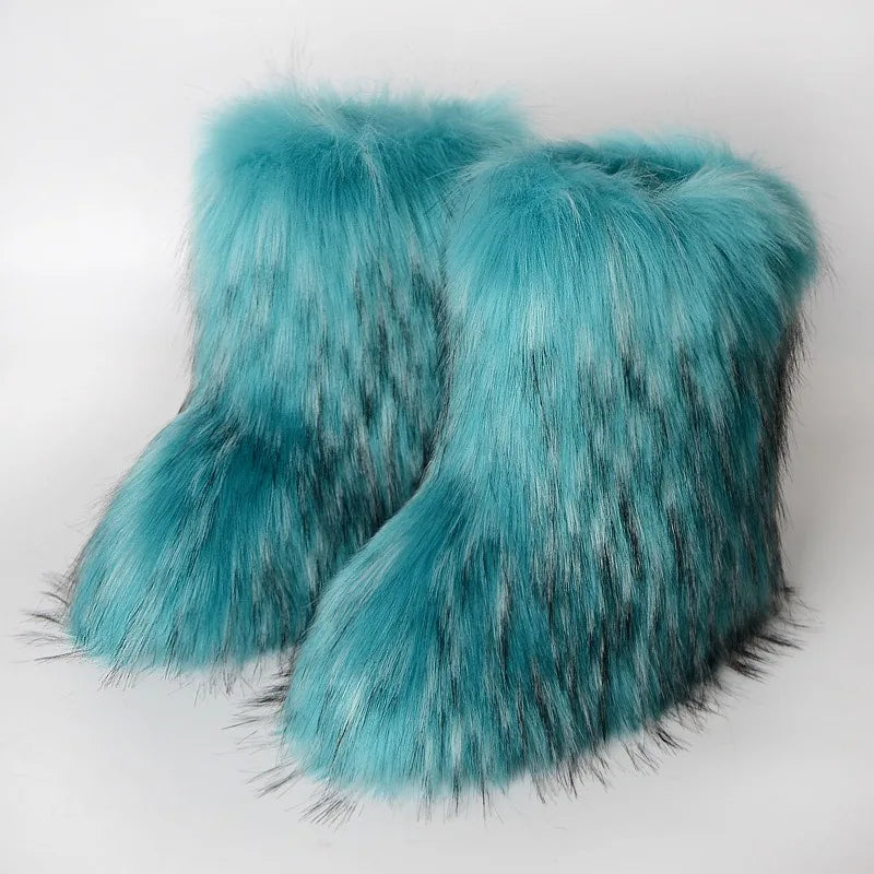 Women's Winter Fluffy Faux Fox Fur Boots Woman Plush Warm Snow Boots Luxury Footwear Girls' Furry Fur Bottes Fashion Winter Shoe