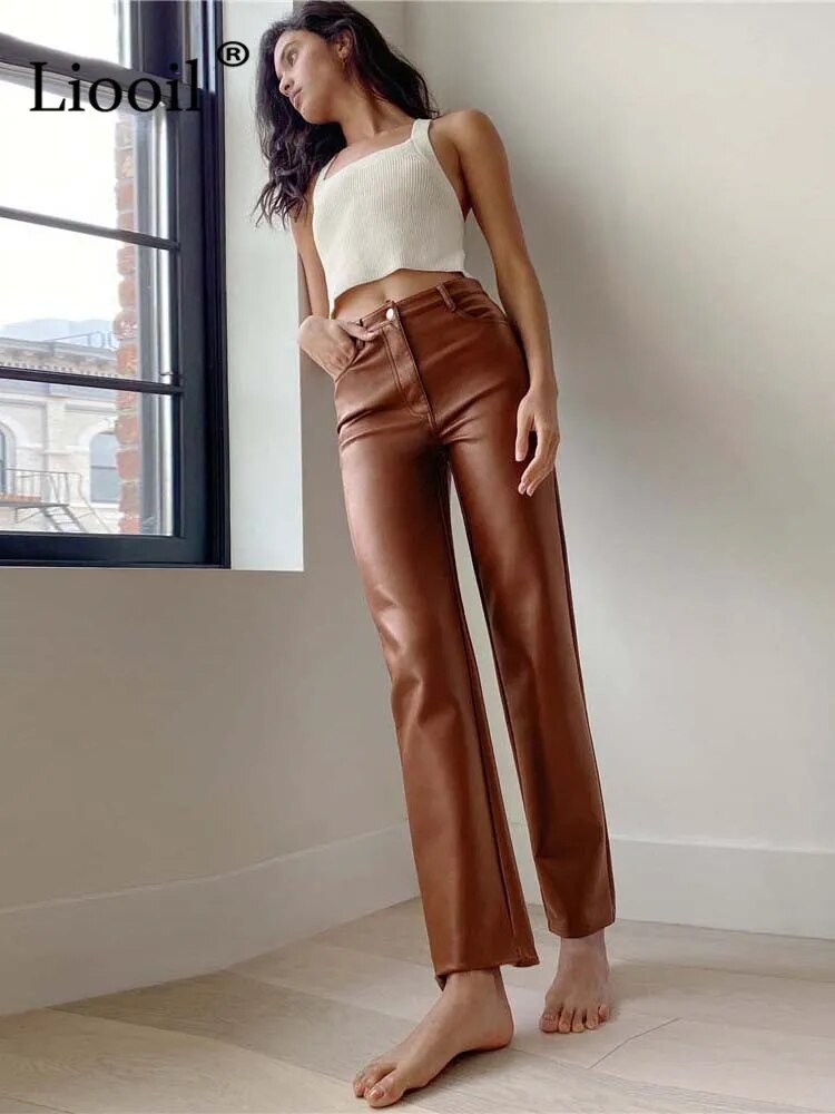 Liooil Faux Leather Straight Leg Pants High Waist Spring Sexy Brown Pants Slacks For Women Bottoms Vintage Streetwear Trousers