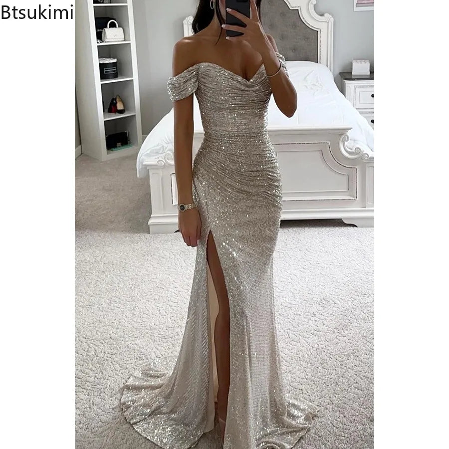 Women's Luxury High Split Club Party Evening Dress Sexy Banquet Slim Waisted Female Dress Elegant V-Neck Slim Long Dress