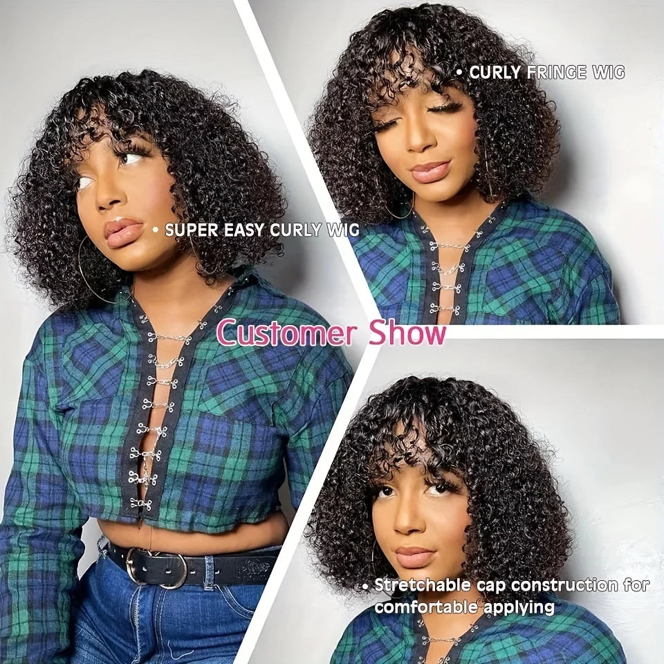 Kinky Curly Wigs Human Hair 100%-8 to 16 Inch Short Bob Wigs with Bangs-Natural-Looking Hairpiece for Everyday Wear Machine Made