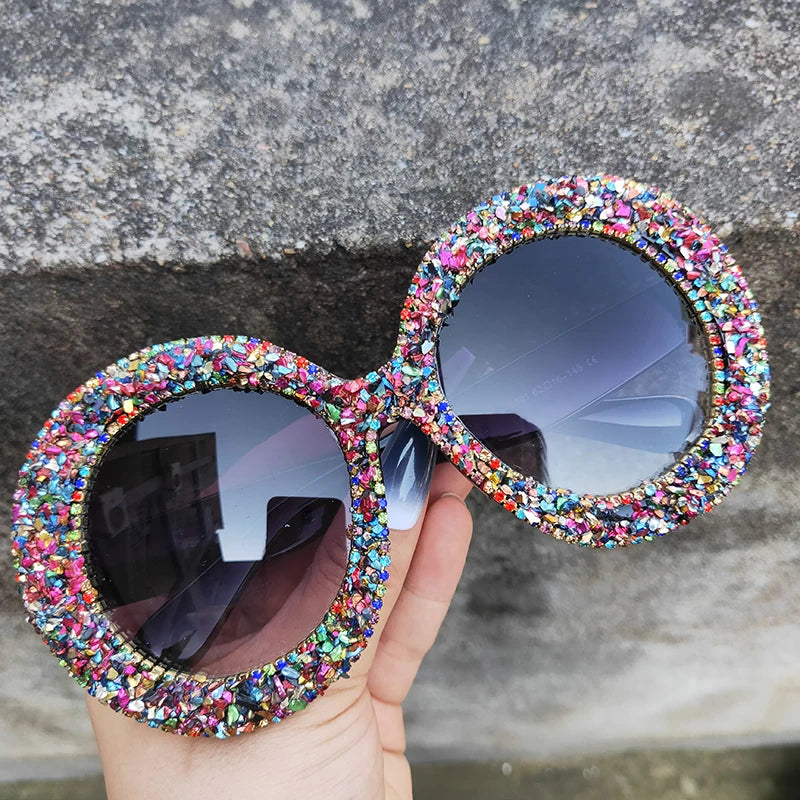 Rhinestone Sunglasses Women 2022 Designer Steampunk Oversized Round Female Sunglasses Music Festival Oculos De Sol Feminino