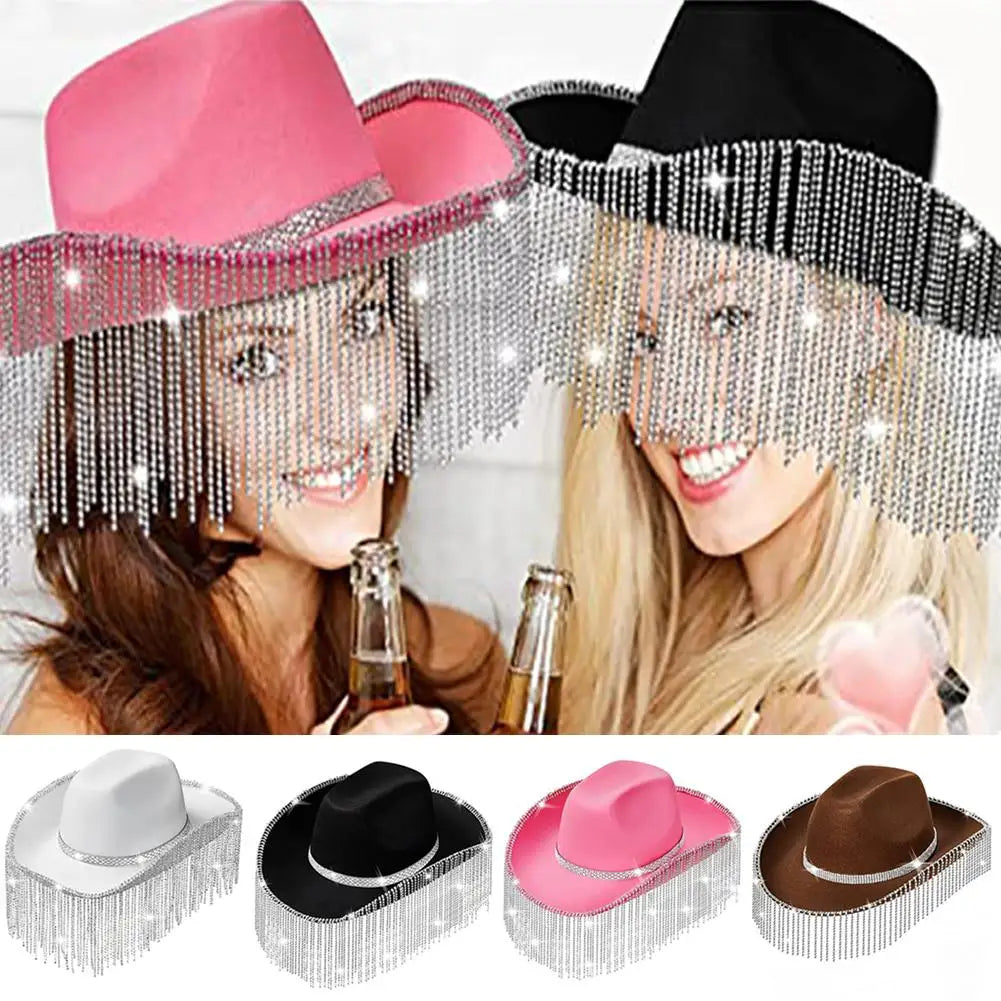 Women Fashion Rhinestone Sequins Fringe Cowgirl Hat Western Cowboy Cap Adjustable Drawstring Wide Brim Party Jazz Top Hat