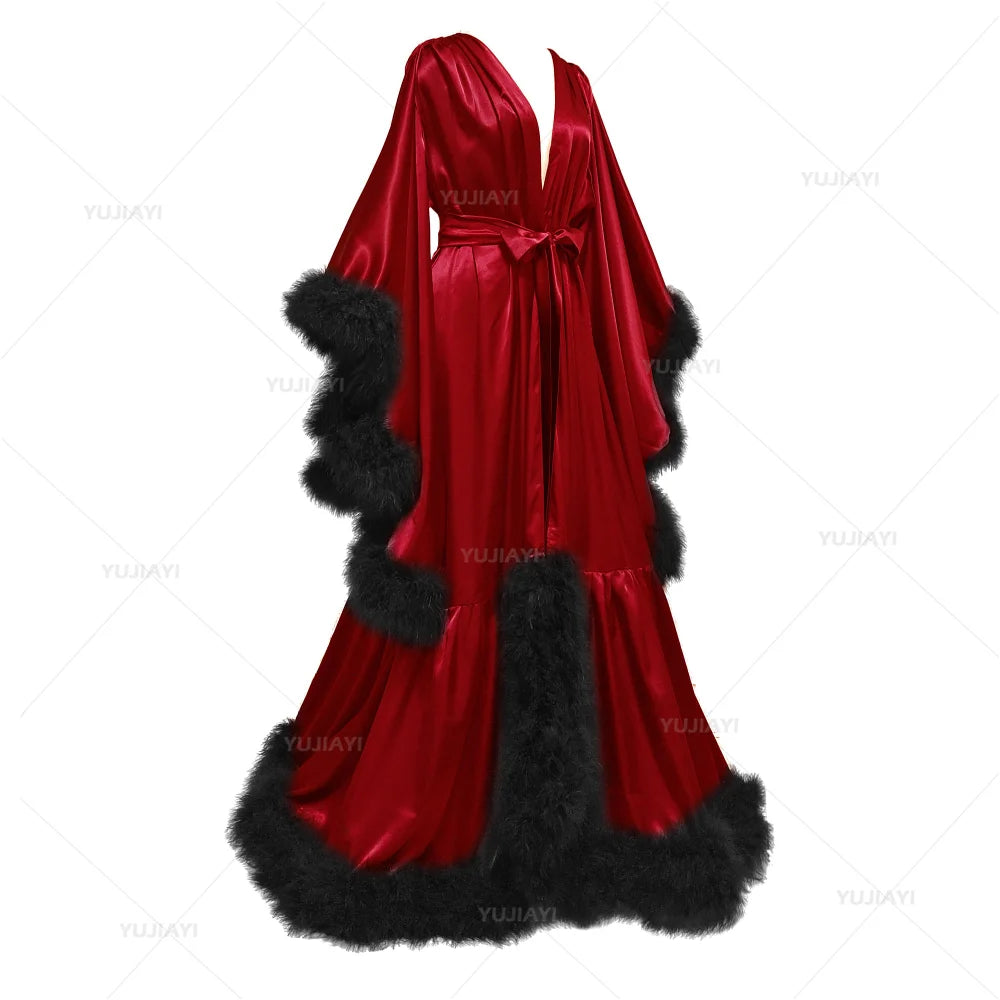 Bathrobe for Women Flare Sleeves Feather Bridal Robe Nightgown Silk Illusion Long Wedding Scarf Dressing Gown Photography Dress