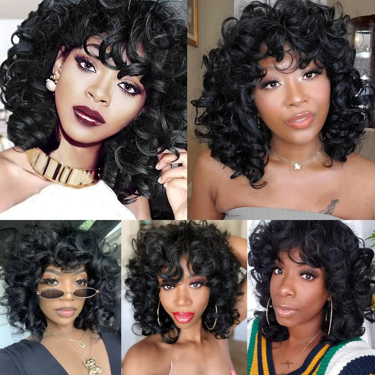 Curly Synthetic Wigs Short Kinky Curly Black Wigs for Women Big Curly Afro Soft Wig with Bangs Heat Resistant Natural Cute Wig