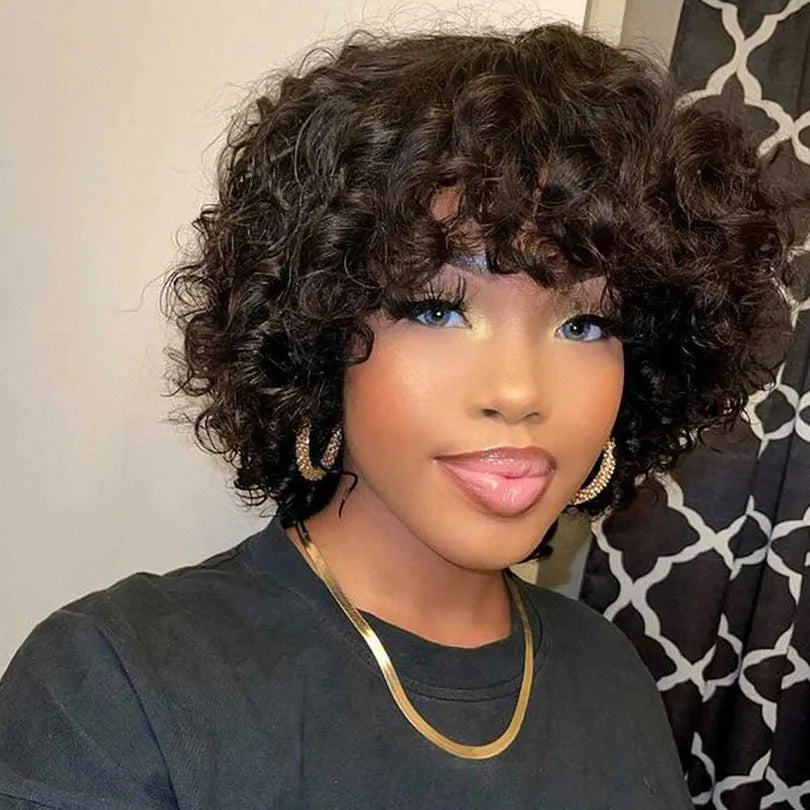 Fumi Curly Human Hair Wigs for Women Fringe Wig Pixie Cut Rose Curly Cheap Full Machine Wigs Egg Curls Bob Wig With Bangs