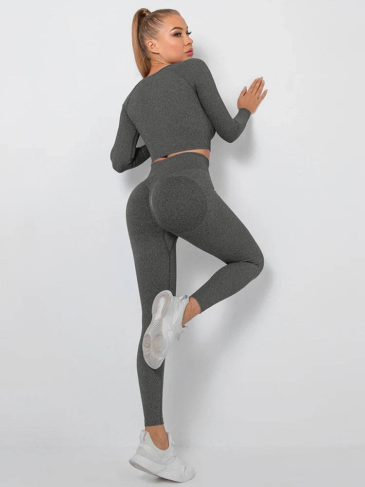 Yoga Sets Women Gym Clothes Seamless Workout Sportswear Yoga Pants Fitness Long Sleeve Crop Top High Waist Leggings Sports Suits