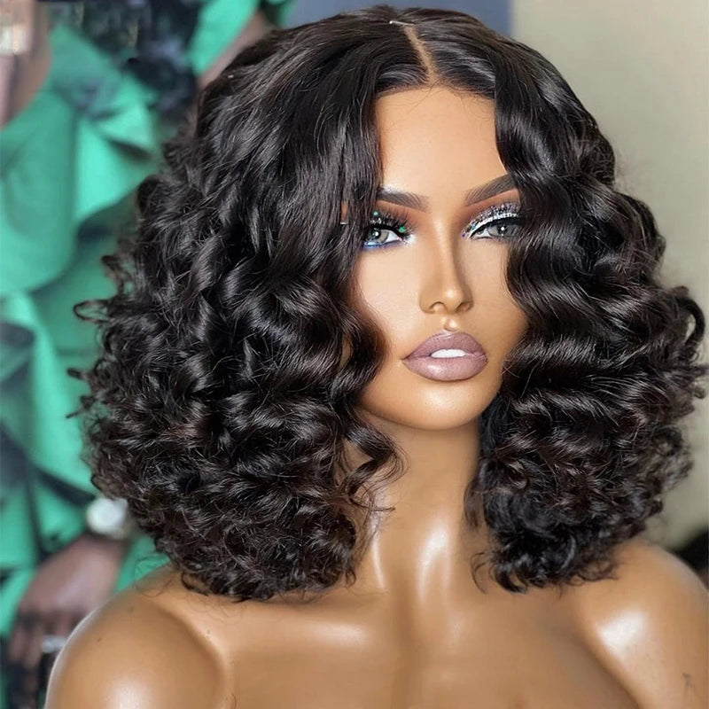 PrePlucked Glueless Soft 180 Density Kinky Curly 14“Short Bob Natural Black Lace Front Wigs For African Women Babyhair Daily