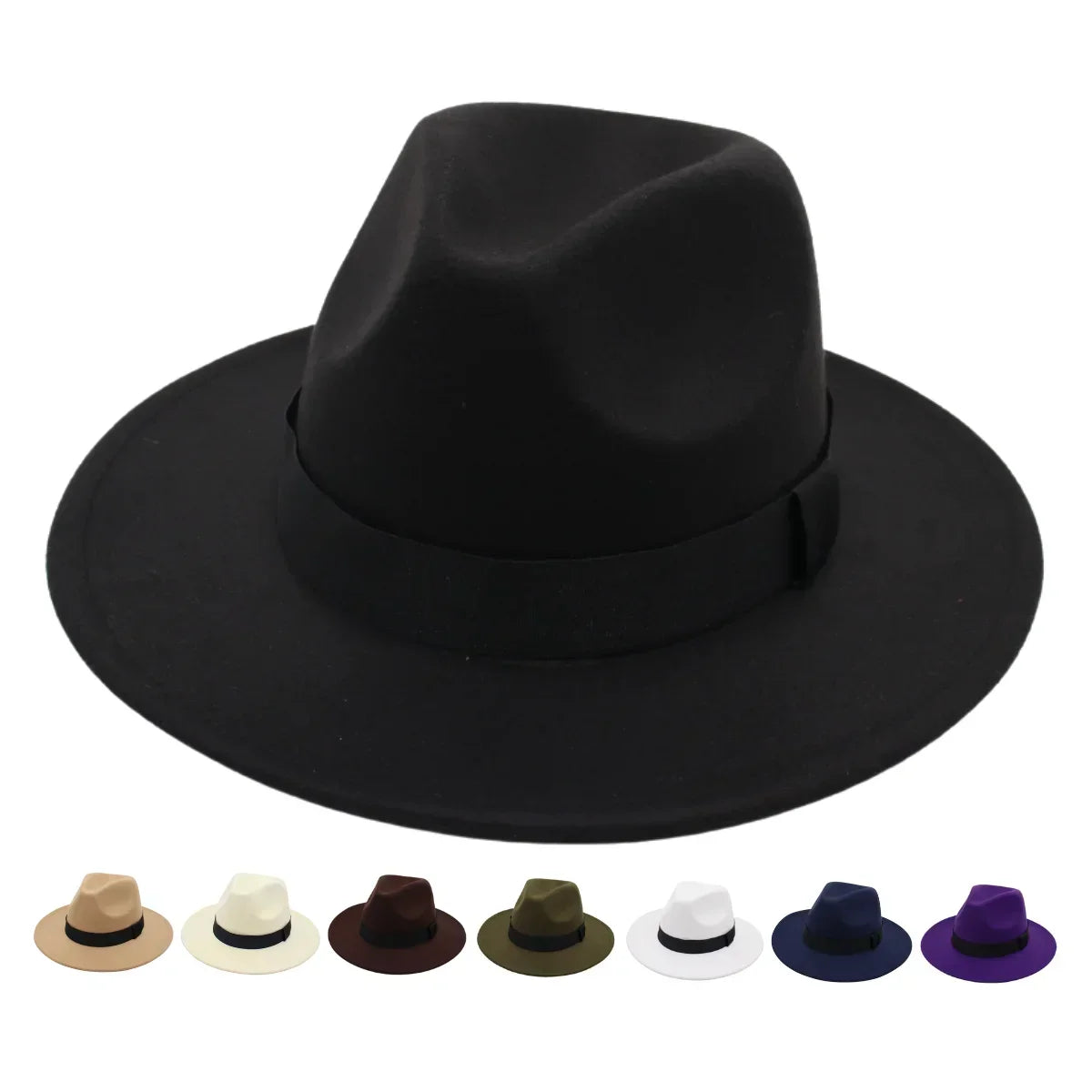 Classic Black Ribbon Women Fedora Hats Autumn Winter Gentleman Jazz Felt Hat For Men Retro Church Lady Flat Wide Brim Dress Hat