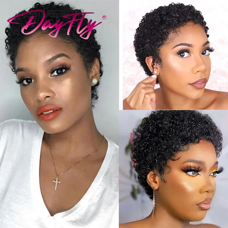 Short Afro Kinky Curly Hair Wigs For Black Women Human Hair African Fluffy Wig With Bangs Brazilian Pixie Cut Hair Wig Glueless