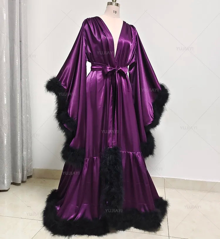 Bathrobe for Women Flare Sleeves Feather Bridal Robe Nightgown Silk Illusion Long Wedding Scarf Dressing Gown Photography Dress