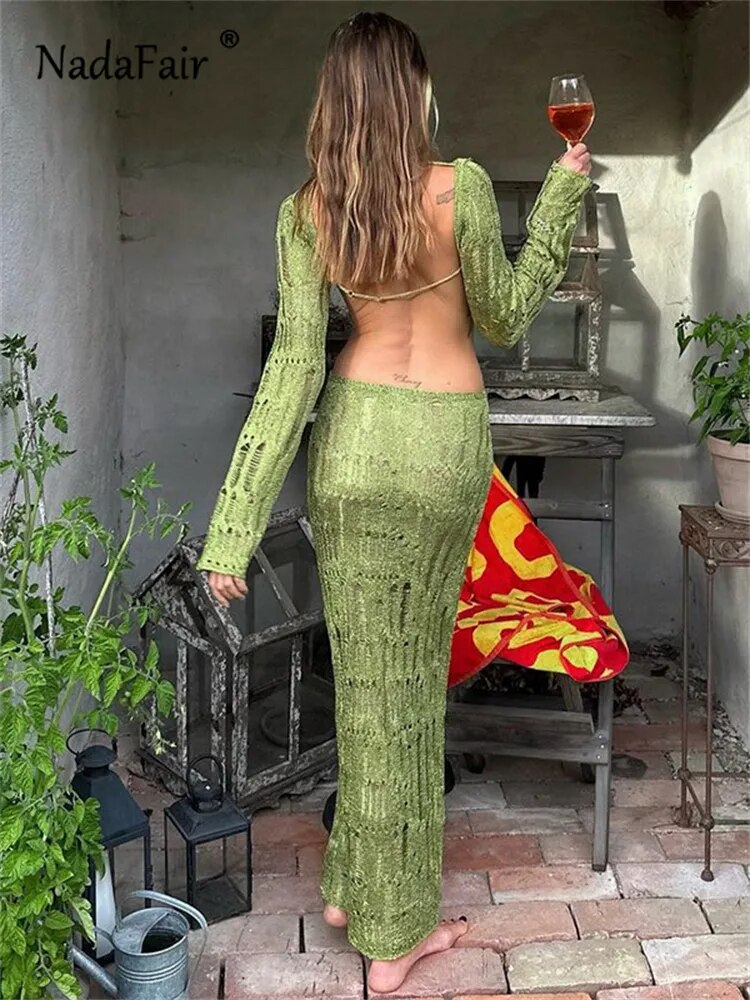 Nadafair Corchet Knitted Hollow Out Women Long Dress Beach Holiday Long Sleeve Backless Summer Fall 2023 Y2K Elegant See Through