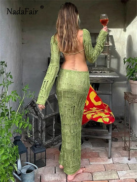 Nadafair Corchet Knitted Hollow Out Women Long Dress Beach Holiday Long Sleeve Backless Summer Fall 2023 Y2K Elegant See Through