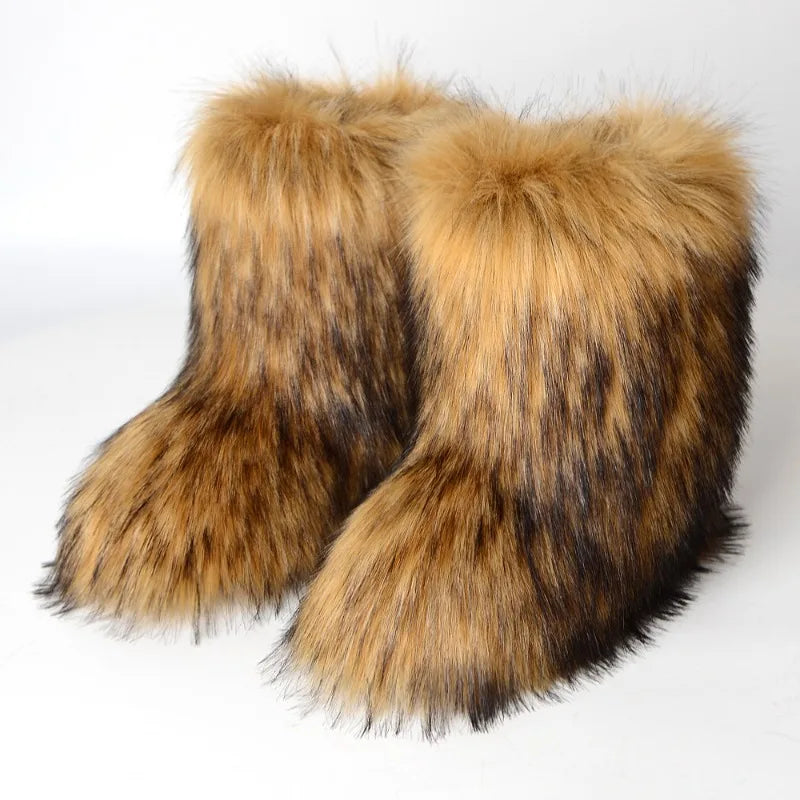 Women's Winter Fluffy Faux Fox Fur Boots Woman Plush Warm Snow Boots Luxury Footwear Girls' Furry Fur Bottes Fashion Winter Shoe