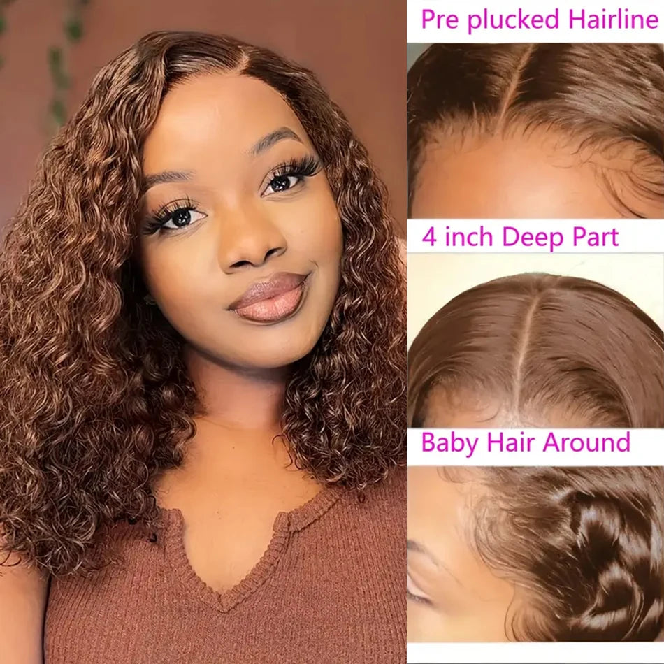 Chocolate Brown Lace Front Kinky Curly Short Bob Wigs Pre Plucked 13x4 HD Transparent Ear To Ear Lace Frontal Human Hair Wigs