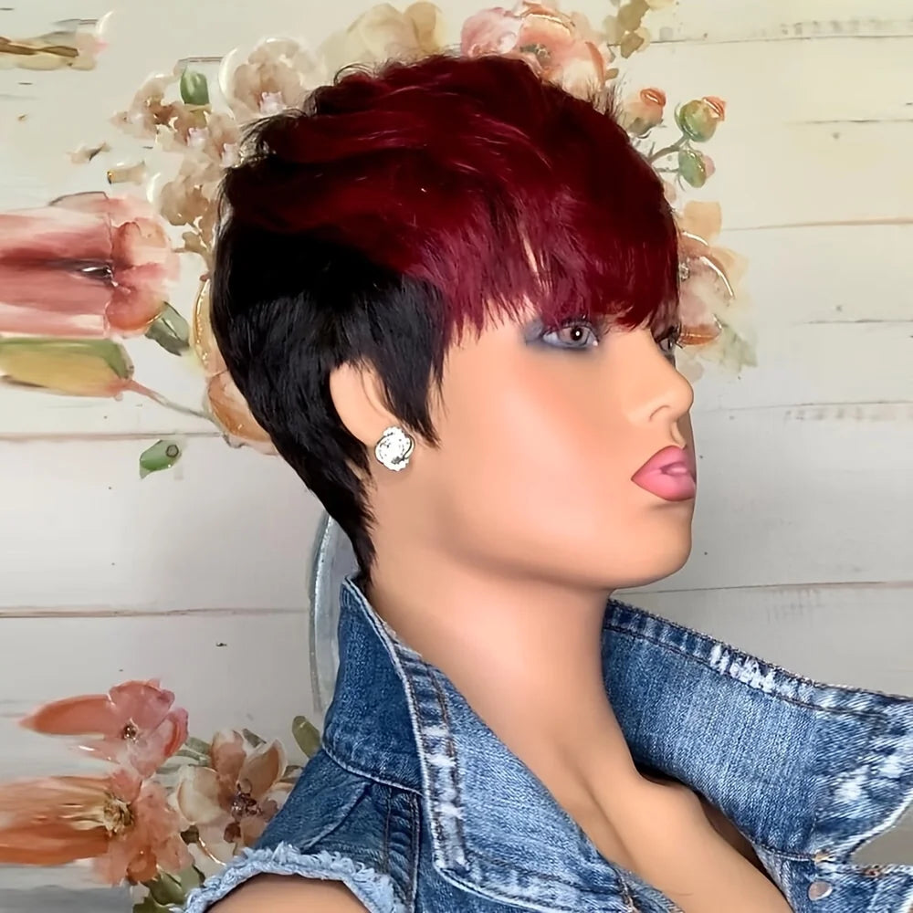 Non-lace-wig Full short wavy pixie cut Synthetic Wig/bang ,color Burgundy 99J/ natural black