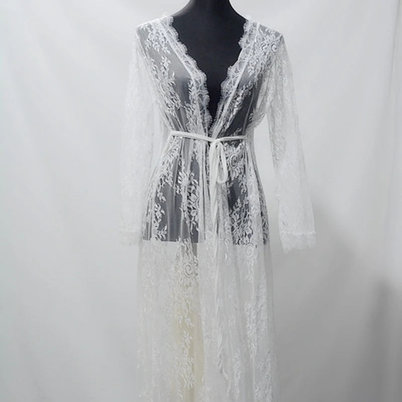 Women Bathrobes Long Nightgowns Lace Sheer Dress White Bridesmaid Robes Femme Sleepwear Kimono Bride Lingerie Porno Nightwear