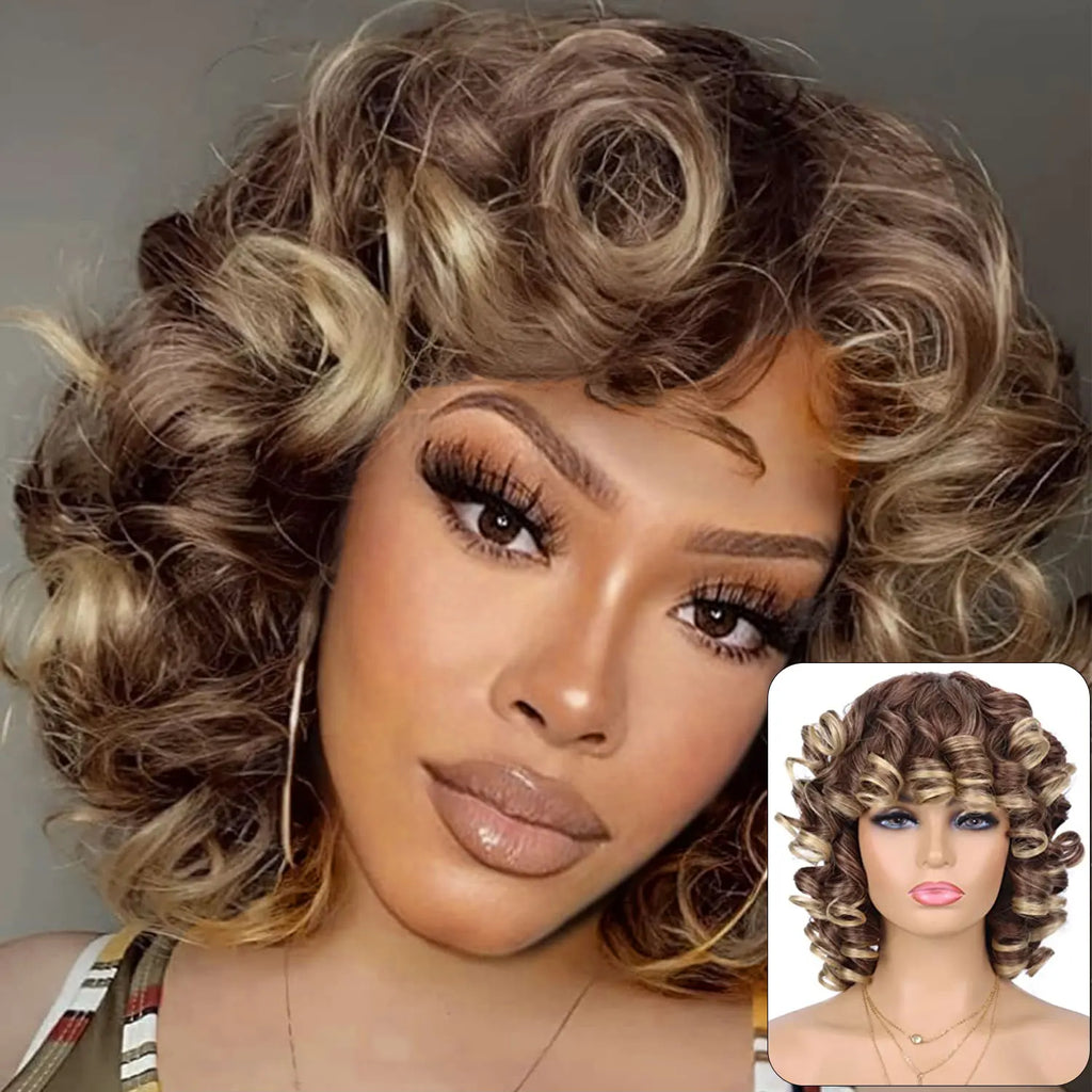 Curly Synthetic Wigs Short Kinky Curly Black Wigs for Women Big Curly Afro Soft Wig with Bangs Heat Resistant Natural Cute Wig