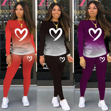 Fashion Heart Printed Womens Suit Tops Pants Two-piece Set Outfits Ladies Jogging Tracksuits