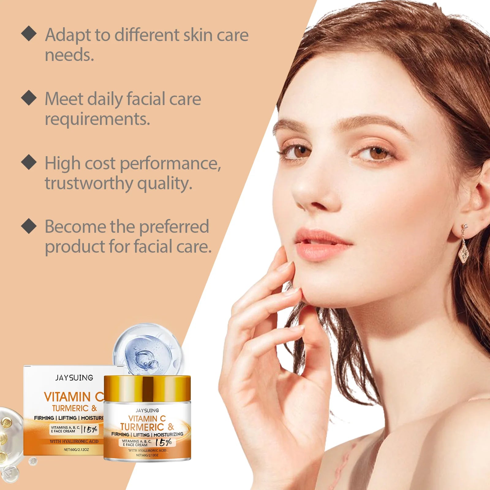 Turmeric Face Cream 15% Vitamin C Anti-Aging Firming Tightening Repair Skin Fights Acne Brightening Hyaluronic Acid Moisturizer