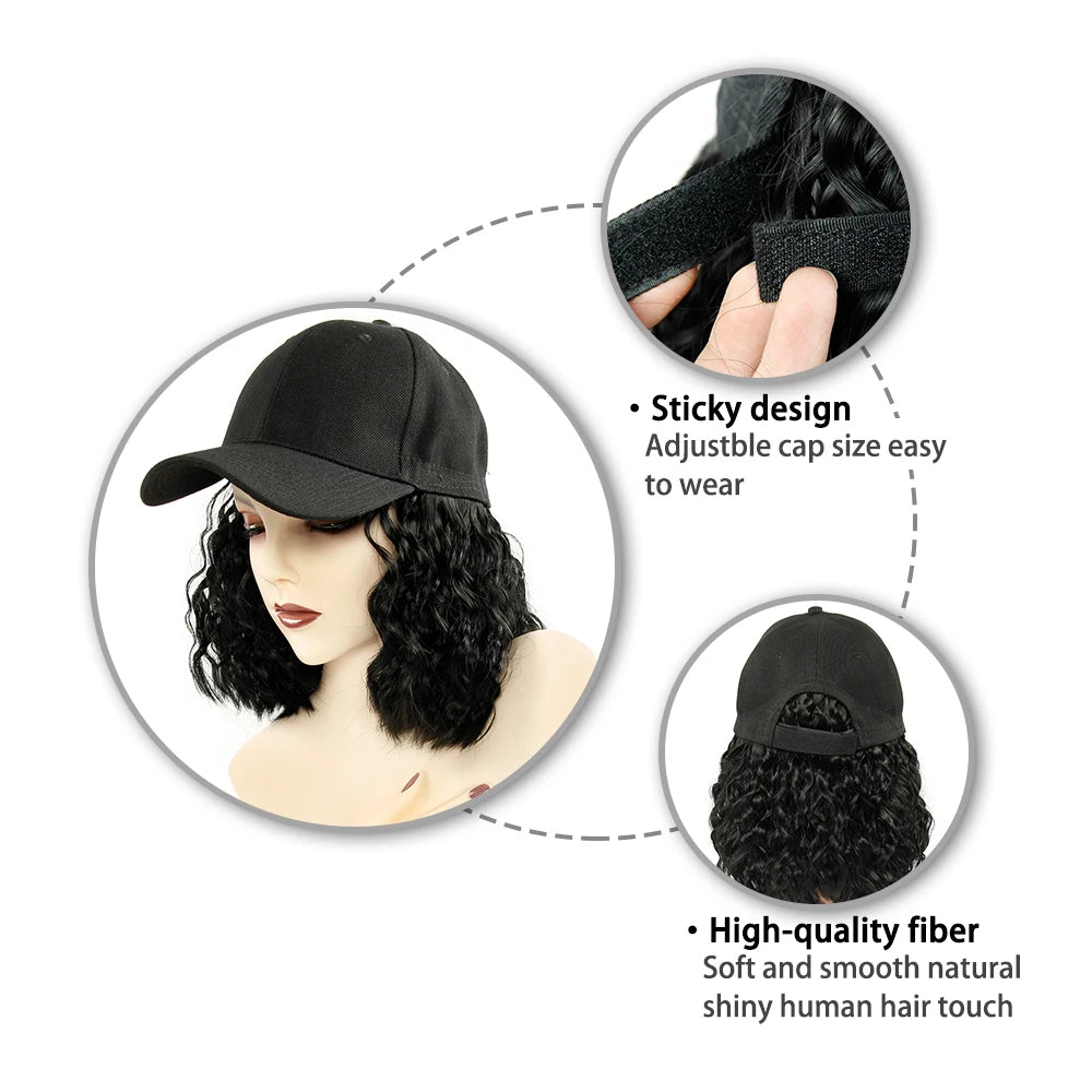 Baseball Cap Short Wigs curly Black Hair Wig for Women Heat Resistant Fiber Synthetic Bob Wigs