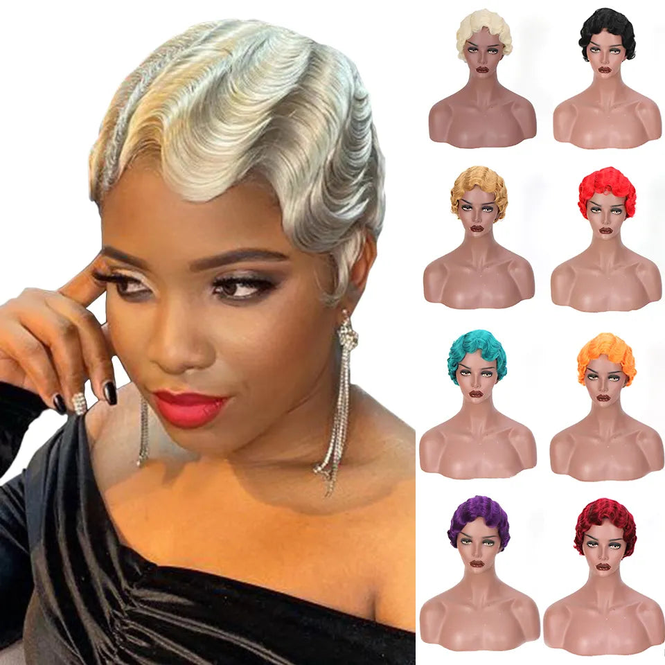 DIFEI Short Finger Wave Wig Cosplay Hair 6Inches Vintage Synthetic Wigs For Women Black Purple 613 Heat Resistant Hair