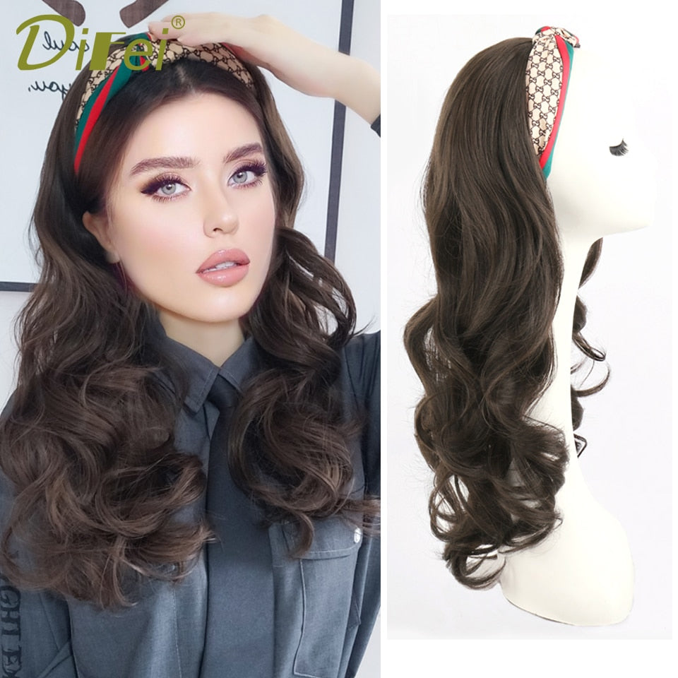 Synthetic Long Wavy Headband Wig Half Head Wigs for Women with Head Band Invisible Seamless Hair Extensions Natural Hairpieces