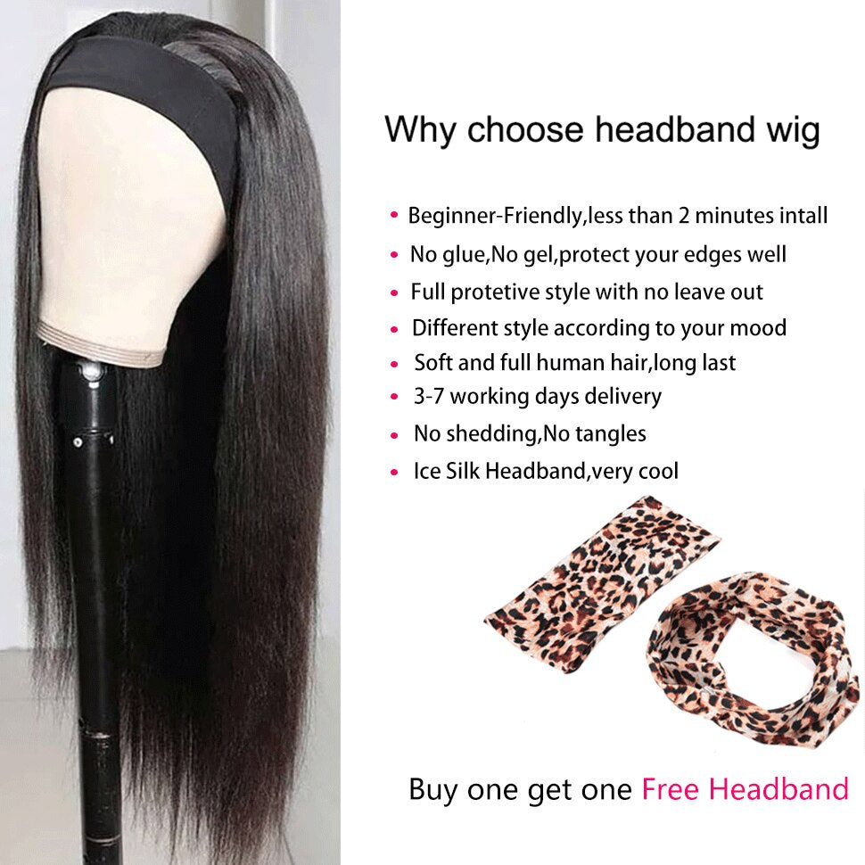 March Queen 26 28 Inch Headband Wig Human Hair Straight Brazilian Non Remy Head Band Wigs For Black Women Full Machine Made Wig