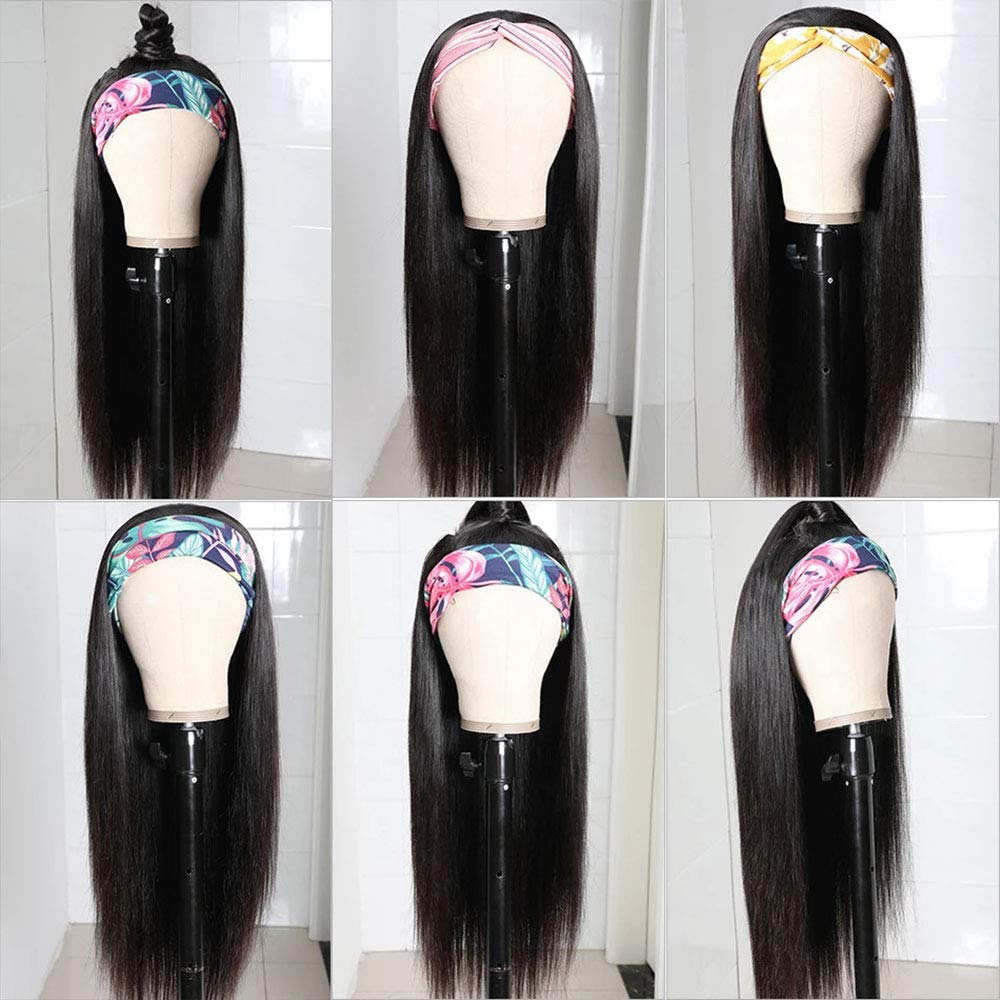 March Queen 26 28 Inch Headband Wig Human Hair Straight Brazilian Non Remy Head Band Wigs For Black Women Full Machine Made Wig