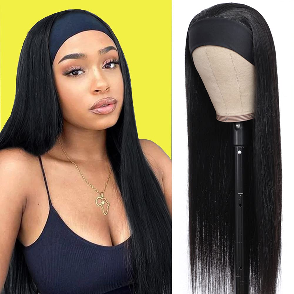 March Queen 26 28 Inch Headband Wig Human Hair Straight Brazilian Non Remy Head Band Wigs For Black Women Full Machine Made Wig