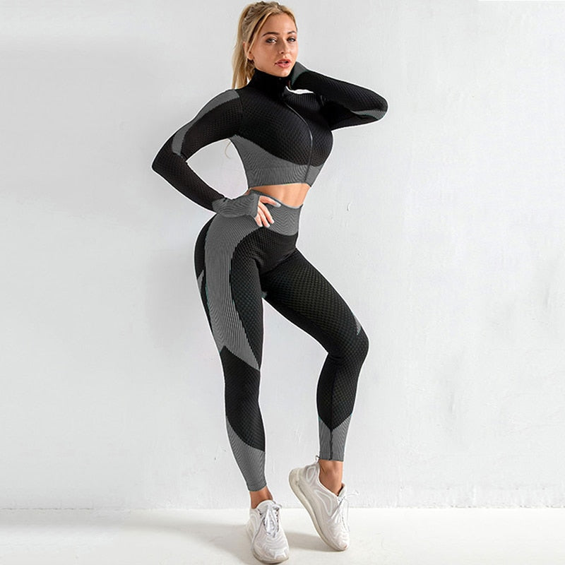 Women Tracksuit Outfits Yoga Set Fitness High Waist Leggings Gym Zipper Long Sleeve Crop Top Running Sport Shirts Yoga Pants