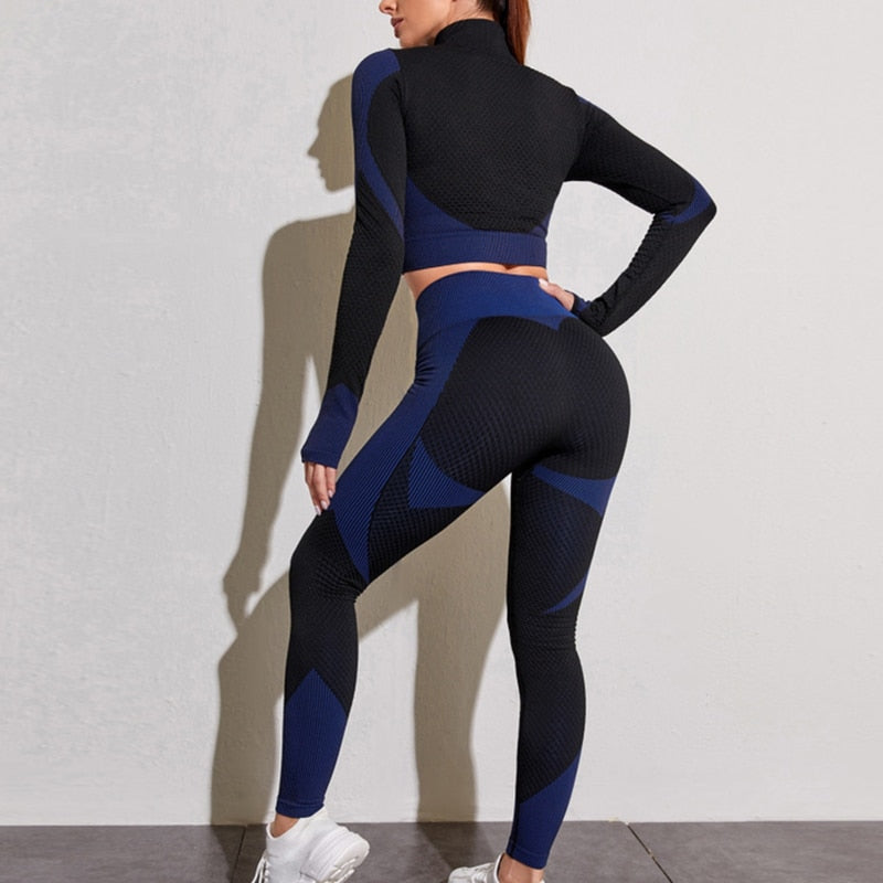 Women Tracksuit Outfits Yoga Set Fitness High Waist Leggings Gym Zipper Long Sleeve Crop Top Running Sport Shirts Yoga Pants