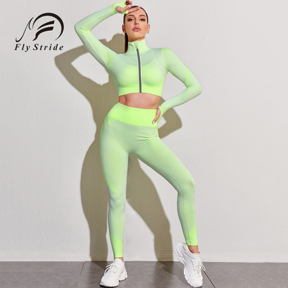 Women Tracksuit Outfits Yoga Set Fitness High Waist Leggings Gym Zipper Long Sleeve Crop Top Running Sport Shirts Yoga Pants