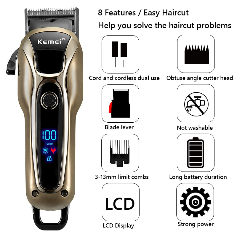 Professional Barber Hair Clipper Rechargeable Electric Finish Cutting Machine Beard Trimmer Shaver Cordless Corded